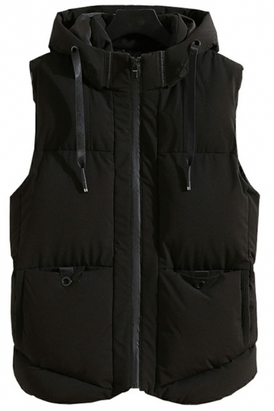 Fashionable Boy's Vest Solid Color Drawstring Pocket Detailed Sleeveless Relaxed Zip Fly Hooded Vest