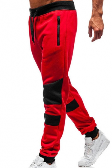 Fashionable Mens Pants Contrast Color Mid Rise Elastic Waist Pocket Detail Fitted Pants