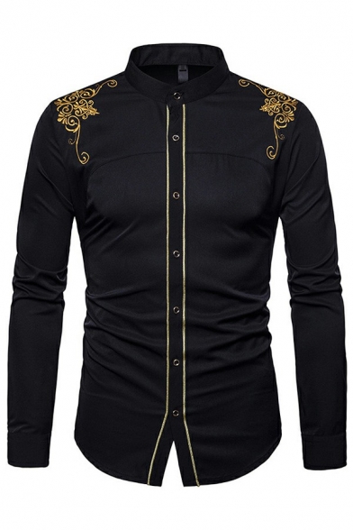 Fashionable Mens Shirt Floral Pattern Curve Hem Stand Collar Slimming Long Sleeves Button Fly Shirt