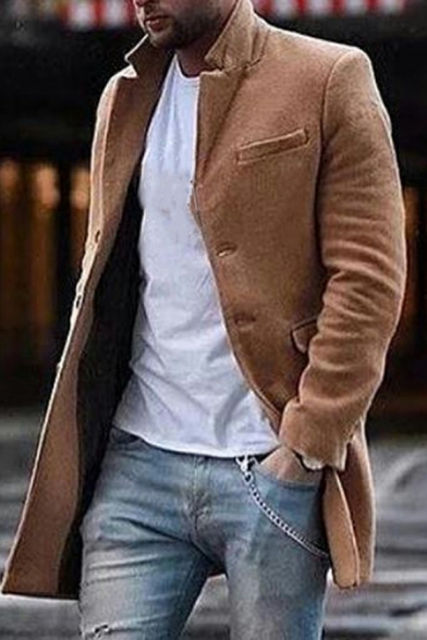 Guys Modern Coat Solid Color Flap Pocket Single Breasted Collar Long Sleeve Regular Coat