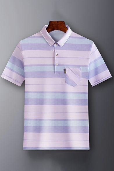 Guys Popular Polo Shirt Stripe Print Pocket Embellished Button Up Fitted Polo Shirt