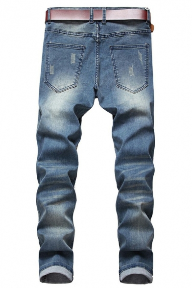 Guys Stylish Jeans Zipper Closure Distressed Ripped Mid Waist Pockets Slim Fit Long Length Jeans