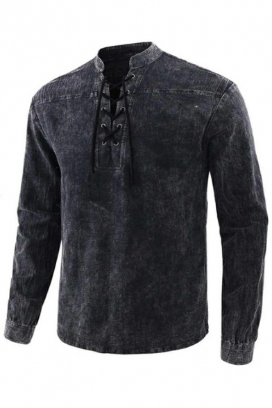 Hot Shirt Whole Colored Lace-up Decoration Long Sleeve Regular Fit Shirt for Men