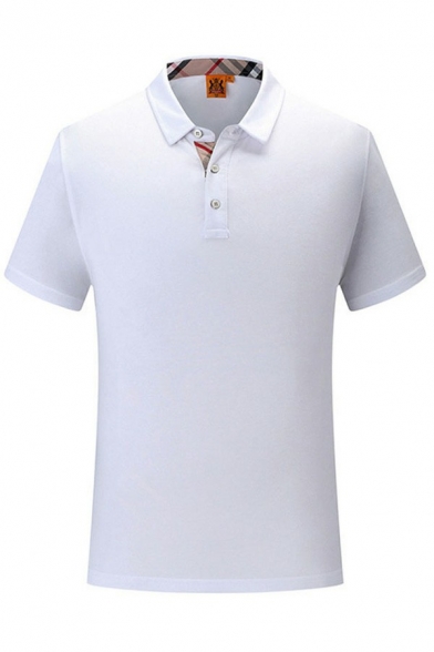 Men Cozy Plain Polo Shirt Plaid Lined Button Detailed Lapel Collar Short Sleeve Relaxed Fit Polo Shirt