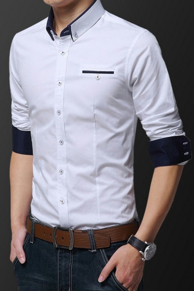 Men Simple Shirt Contrast Trim Pocket Detailed Lapel Collar Slimming Long Sleeve Shirt