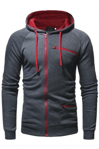 Men Sporty Hoody Contrast Line Printed Hooded Full-Zip Pocket Detailed Long Sleeves Slim Hoody