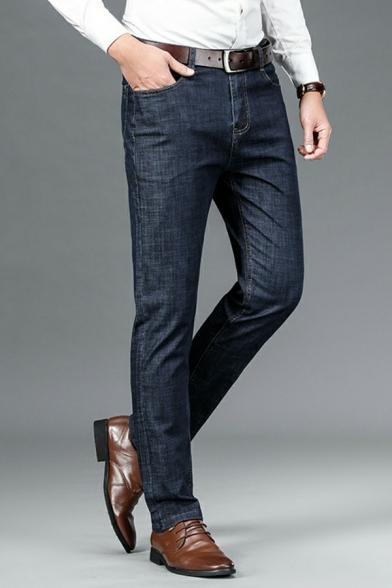 Men Urban Denim Pants Solid Color Zip Closure Front Pocket Regular Fitted Denim Pants