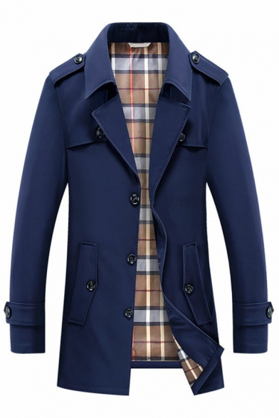 Mens Elegant Coat Solid Plaid Lined Notched Collar Relaxed Long Sleeves Button Trench Coat