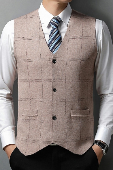 Novelty Suit Vest Plaid Pattern V-Neck Sleeveless Slim Fitted Suit Vest for Men
