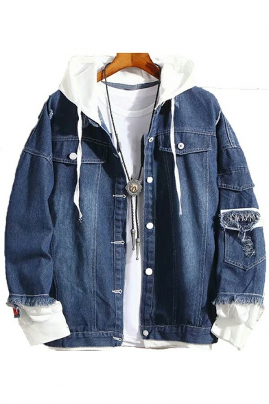 Retro Guy's Jacket Solid Contrast Trim Distressed Detailed Lapel Collar Long Sleeve Loose Denim Jacket