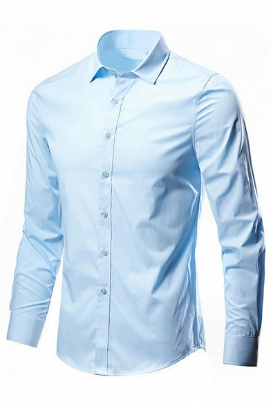 Simple Shirt Whole Colored Lapel Collar Long-Sleeved Skinny Shirts for Guys
