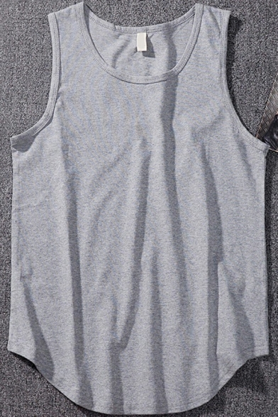 Sporty Tank Top Pure Color Curved Hem Sleeveless Round Neck Relaxed Fitted Tank Top for Men