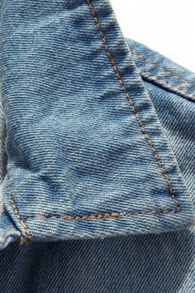Stylish Guys Vest Plain Button Closure Spread Collar Chest Pockets Distressed Slim Fitted Denim Vest