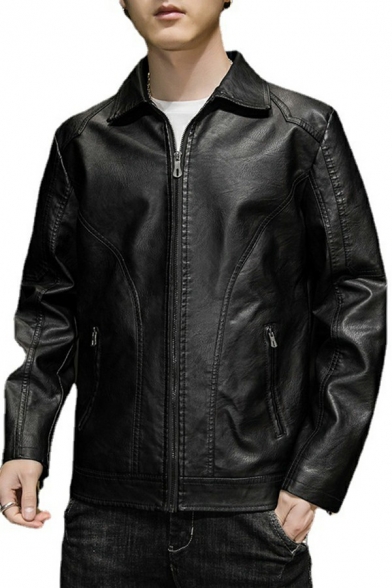 Urban Mens Jacket Pockets Long Sleeves Lapel Collar Zip Closure Fitted Leather Jacket