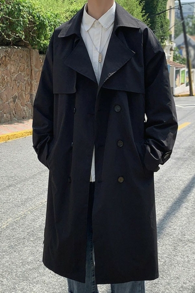 Vintage Boy's Coat Pure Color Notched Collar Loose Long Sleeves Double Breasted Trench Coat