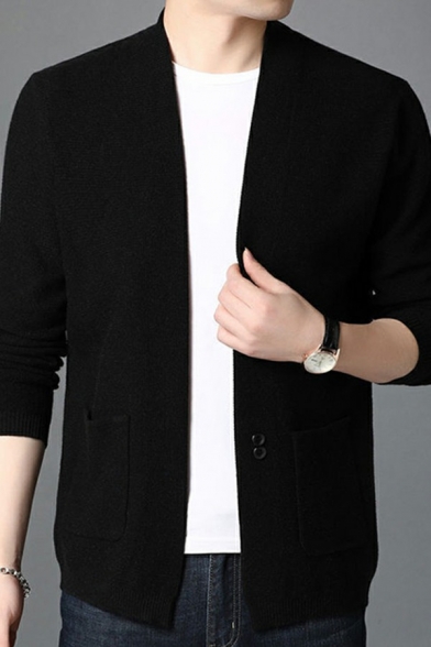 Boyish Men Cardigan Solid Front Pocket Lapel Collar Loose Fit Long Sleeves Button-up Cardigan