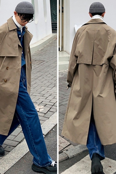 Boys Cozy Trench Coat Plain Long Sleeve Lapel Collar Baggy Knee Length Double-Breasted Trench Coat