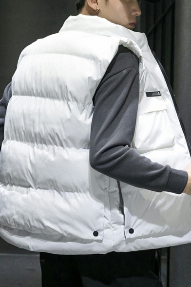 Casual Mens Plain Vest Flap Pockets Stand Collar Zipper Down Fit Thick Vest