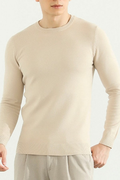 Cozy Sweater Whole Colored Rib Hem Round Neck Slimming Long Sleeves Sweater Top for Men