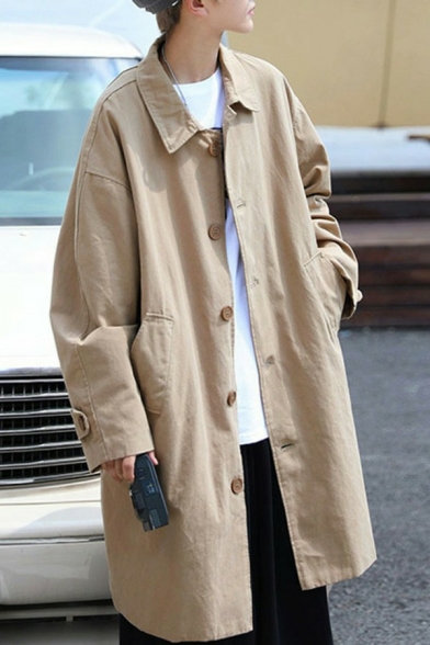 Creative Mens Trench Coat Whole Colored Turn-down Collar Single Breasted Side Pocket Trench Coat