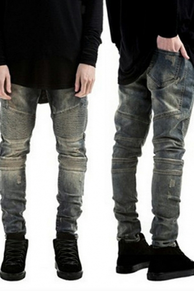 Dashing Guys Pants Wrinkled Detail Distressed Zip Placket Skinny-Fit Denim Pants
