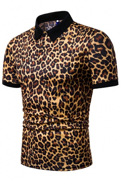 Dashing Men's Polo Shirt Leopard Pattern Button Embellished Short Sleeves Slimming Polo Shirt