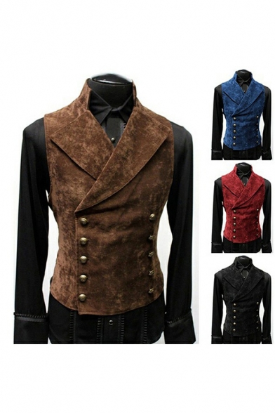 Edgy Mens Vest Plain Stand Collar Sleeveless Slim Fitted Double Breasted Vest