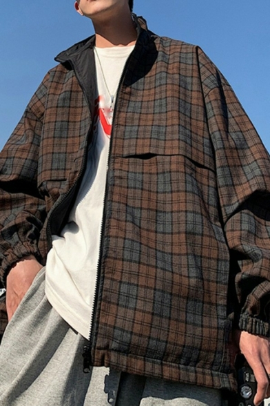 Elegant Guys Coat Plaid Pattern Stand Collar Long-sleeved Zip Placket Baggy Coat