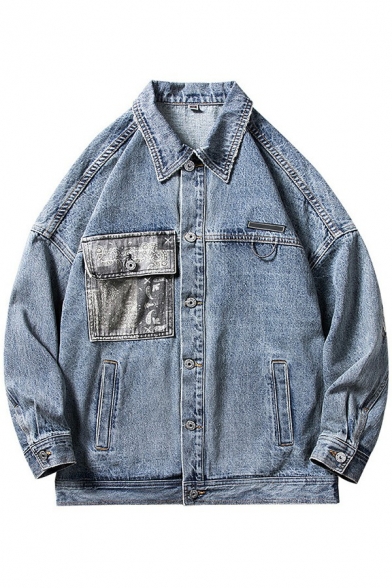 Fancy Mens Denim Jacket Color Block Flap Pocket Button up Long Sleeves Turn down Collar Fitted Jacket