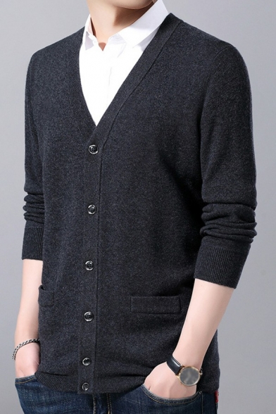 Fashionable Mens Cardigan Plain Color V-Neck Long-Sleeved Single Breasted Slim Fitted Cardigan