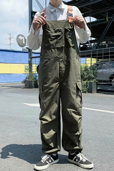Fashionable Mens Coverall Solid Color Cargo Pockets Straight Leg Full Length Coverall