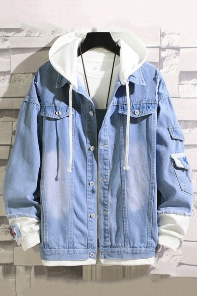 Fashionable Mens Denim Jacket Pure Color Long-Sleeved Bleach Fake Two Pieces Loose Fit Hooded Denim Jacket with Pockets