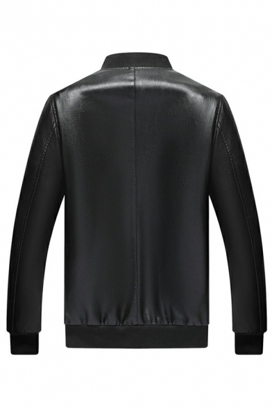 Fashionable Mens Leather Jacket Plain Color Long Sleeve Stand Collar Zipper Placket Slim Fitted Leather Jacket