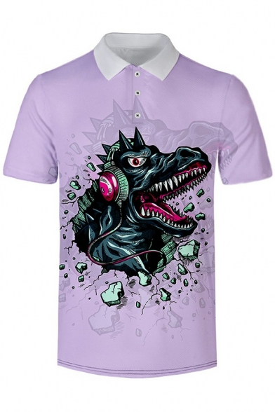 Fashionable Mens Polo Shirt Dinosaur Printed Short Sleeves Collar Button Up Polo Shirt