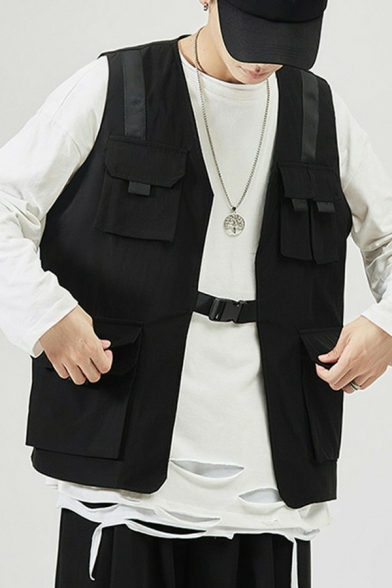 Fashionable Vest Pure Color Open Front Pockets Detail Relaxed Fitted Vest for Men