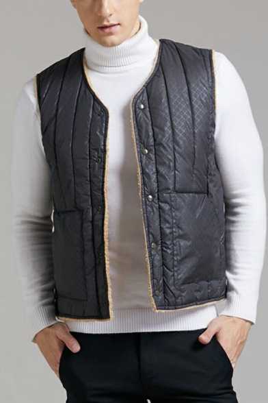 Guys Casual Vest Pure Color Fleece Lined Sleeveless V-Neck Relaxed Fitted Button Placket Vest