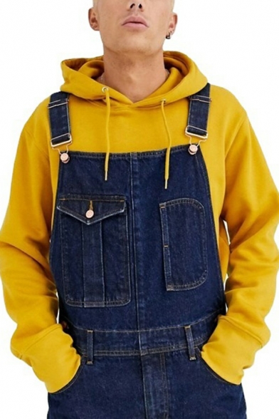 Guys Dashing Overall Pure Color Pocket Decoration Full Length Tight-Fit Denim Overall