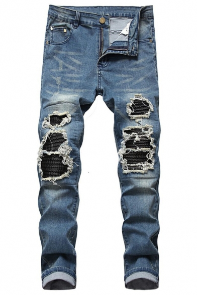 Guys Stylish Jeans Zipper Closure Distressed Ripped Mid Waist Pockets Slim Fit Long Length Jeans