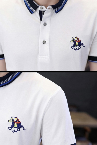 Leisure Tee Shirt Embroidered Logo Print Contrast Trim Short Sleeve Lapel Collar Slim Tee Top for Men