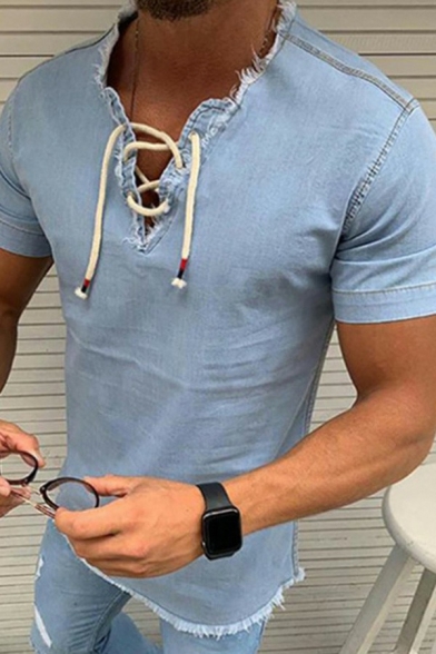 Men Casual Whole Colored Tee Top V-Neck Lace-up Short-sleeved Raw Edge Slim Fit Tee Top