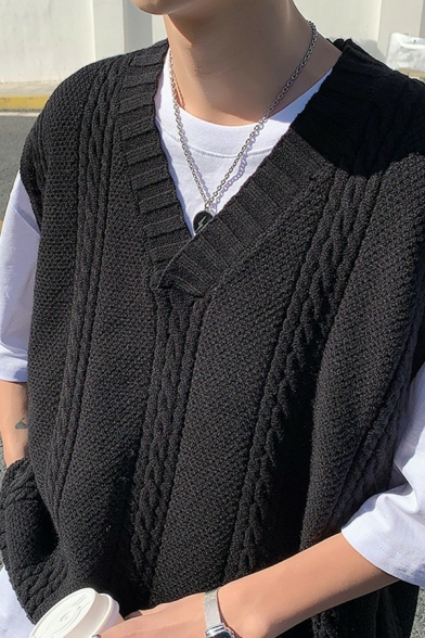 Men Classic Sweater Vest Pure Color V-Neck Cable Knit Sleeveless Loose Vest