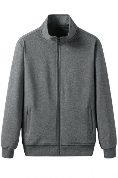 Men Cool Hoody Solid Color Stand Collar Full Zip Front Pocket Long Sleeve Regular Fitted Hoody