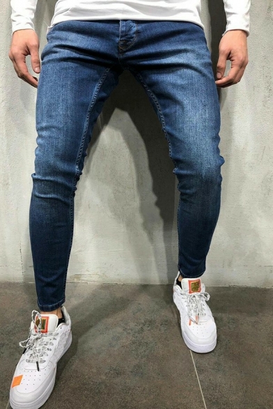 Men Leisure Jeans Pure Color Zip-up Skinny Full Length Pocket Decorate Jeans