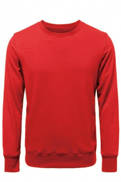 Men Leisure Sweatshirt Whole Colored Long-sleeved Rib Cuffs Round Neck Fitted Sweatshirt