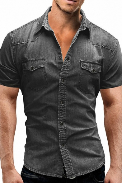 Men Street Style Shirt Solid Lapel Collar Short Sleeves Slimming Button Placket Denim Shirt