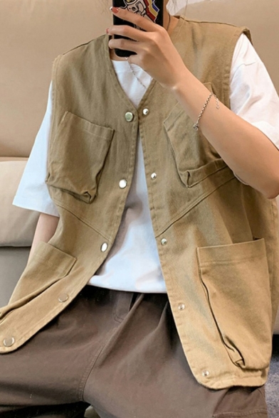 Men Stylish Vest Pure Color V-Neck Single Breasted Flap Pocket Detailed Regular Fit Vest