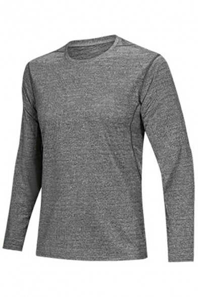 Modern Tee Top Pure Color Round Neck Regular Fit Long-sleeved Tee Top for Men