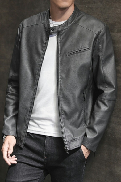 Novelty Mens Leather Jacket Plain Zip Embellished Pocket Stand Collar Fitted Leather Jacket