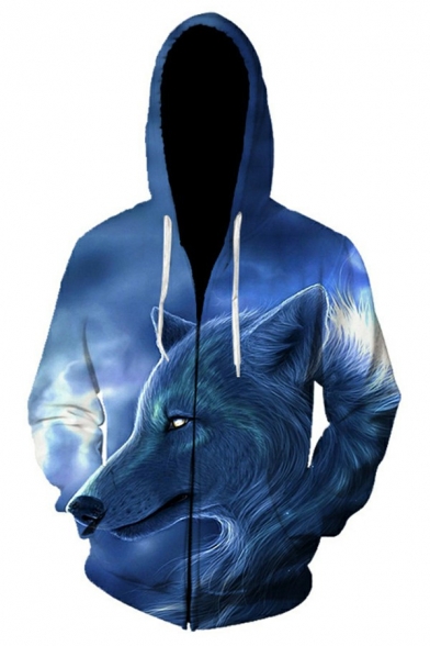 Popular Guys Hoodie 3D Wolf Print Pocket Detailed Long Sleeve Relaxed Hooded Drawstring Hoodie