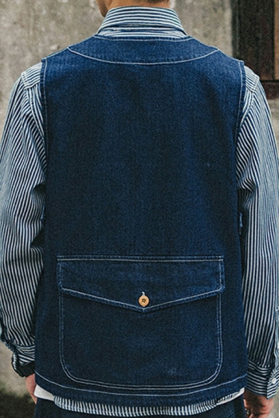 Street Look Mens Denim Vest Solid Color Sleeveless V-Neck Pocket Detail Regular Fitted Vest